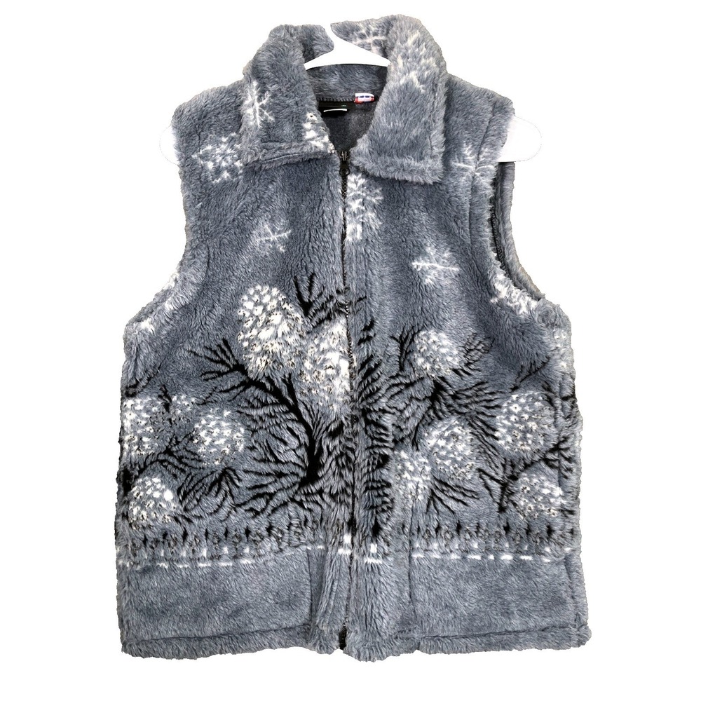 Mazmania Fleece Vest Womens S Blue Sherpa Fluffy Snowflake Vintage Full Zip USA